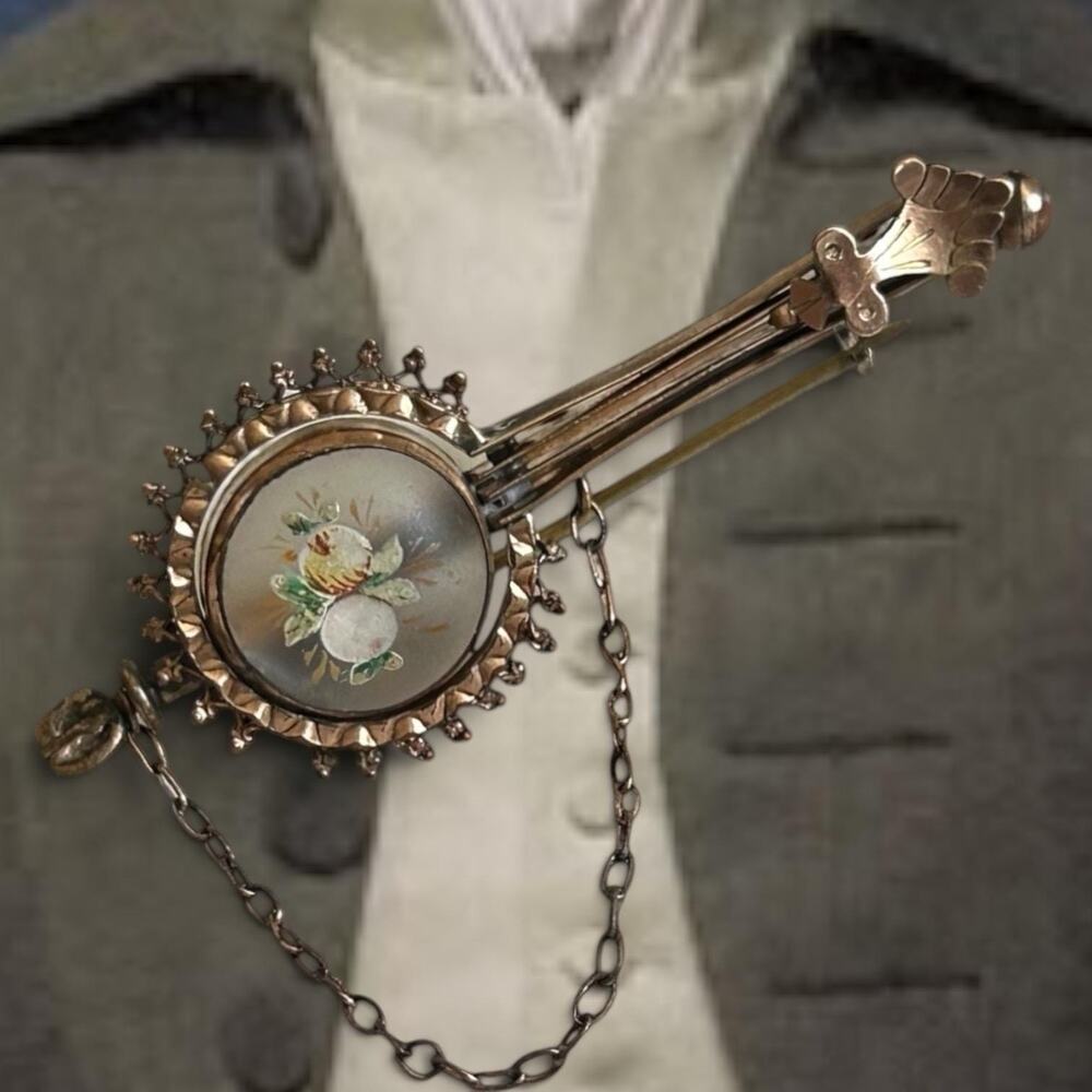 Antique GF Victorian Bar Brooch Hand Painted Frosted Glass Pin c.1895–1910